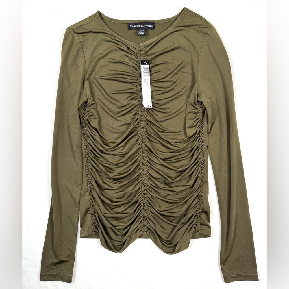 NWT CATHERINE MALANDRINO Y2K‎ Olive Green Ruched Long Sleeve Top Fairygoth XS